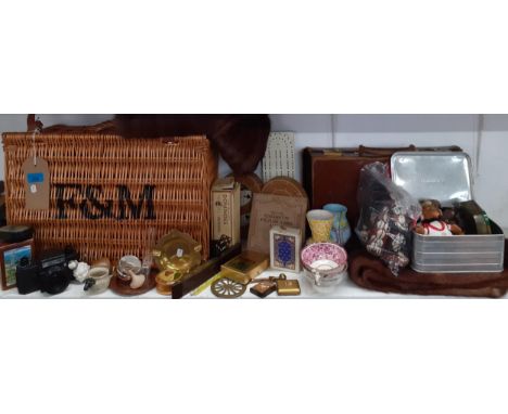 A small Fortnum & Mason's hamper basket and mixed collectables to include playing cards, 2 vintage mink stoles and chinaLocat