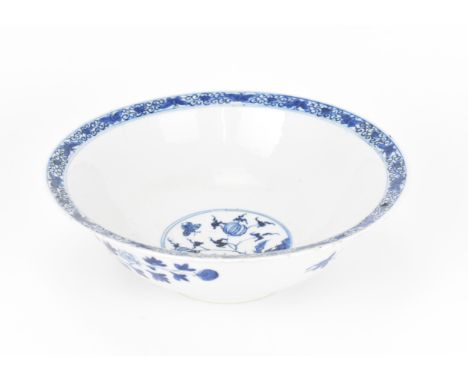 A Chinese Qing dynasty blue and white porcelain bowl, 18th century, with butterfly and melon design to the inner centre with 