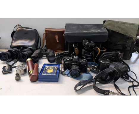 Mixed cameras, binoculars and accessories to include Praktica, Tasco, U.S.1 and others together with trinket boxes, telescope