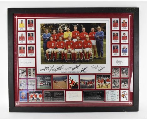A 1966 World Cup photograph of the England team, signed by eleven footballers part of the team, along with an original ticket