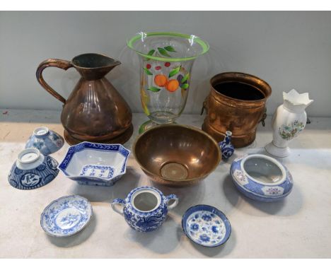 A mixed lot to include a Victorian copper jug, Royal Worcester Evesham glass vase, Oriental china and other itemsLocation: 