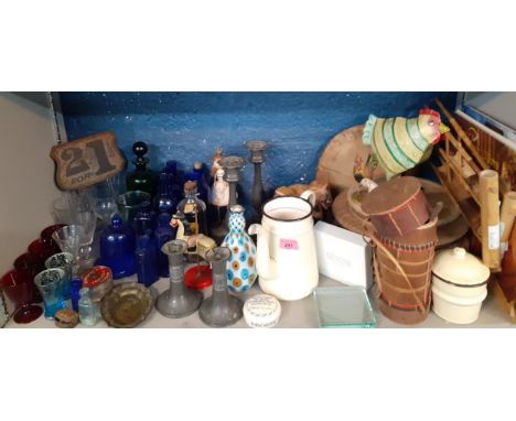 Vintage kitchen ware and medicine bottles, mixed domestic glassware, collectables and a quantity of vintage treen chopping bo