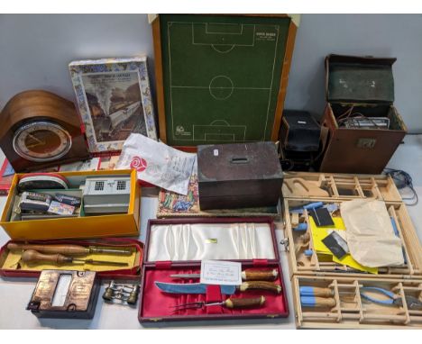 A mixed lot to include Edwardian opera glasses, horn handled coming set, vintage mantle clock, mixed games, tools and other i