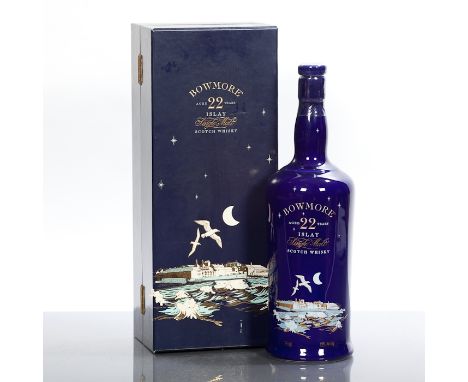 BOWMORE 22 YEAR OLD 
Single Islay malt whisky in blue ceramic bottle. H.K.D.N.P. 750ml, 43% volume, in presentation box. COND