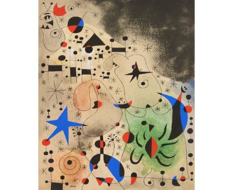 Joan Miro (Spanish (Catalan), 1893-1983). Pochoir print after a gouache by Miro titled "L'oiseau Migrateaur (The Migratory Bi