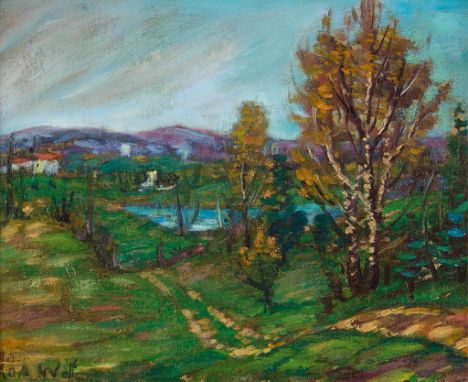 Ada Augusta Wolfe (American, 1878-1945). Oil on canvas laid board titled "Old Road," 1940. Depicting a verdant landscape. Sig