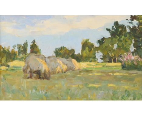 Konstantin Vysotsky (Russian, 1864-1938). Oil on board painting depicting a field with haystacks. Initialed along the lower r