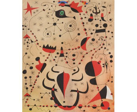Joan Miro (Spanish (Catalan), 1893-1983). Pochoir print after a gouache by Miro titled "Le Crepuscule Rose Caresse Les Femmes
