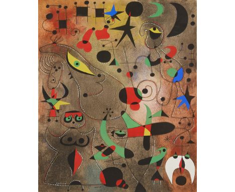 Joan Miro (Spanish (Catalan), 1893-1983). Pochoir print after a gouache by Miro titled "Le Reveil au Petit Jour (Awakening in