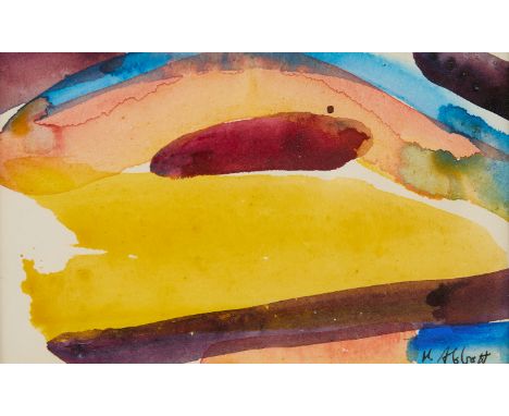 Mary Lee Abbott (American, 1921-2019). Abstract expressionist watercolor painting in yellow, mauve, and blue. Signed along th