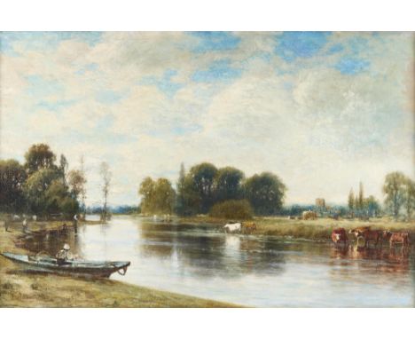 Gilbert Munger (American, 1837-1903). Oil on canvas Barbizon school landscape painting depicting a serene French riverside wi