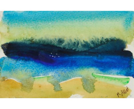 Mary Lee Abbott (American, 1921-2019). Abstract expressionist watercolor painting titled "Peconic," 1999. In shades of yellow