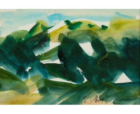 Mary Lee Abbott (American, 1921-2019). Abstract expressionist watercolor painting in shades of green and blue. Signed along t