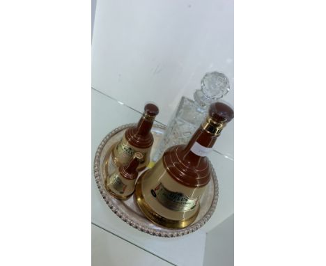 3 unopened bottles of bells whisky with a decanter and silver plated tray 