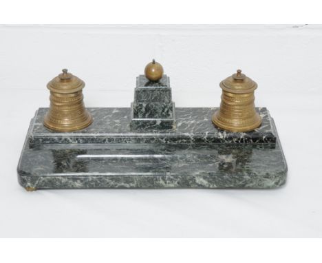 An impressive 19th century marble inkstand with engine turned wells and central obelisk, width 45.5cm. Condition Report: 20% 