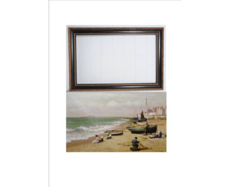 A large ebonised and gilt frame, the opening 92cm x 154cm, holds a French coastal scene print.  Note: this was used to concea