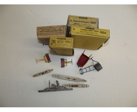 Dinky empty boxes for Hotchkiss Racer, Garden Roller, Daimler Ambulance and 4 Wheel Hand Truck, together with various models.