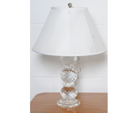 A fine and decorative signed Ralph Lauren Daniela triple cut crystal sphere and disc table lamp with white shade, maximum hei