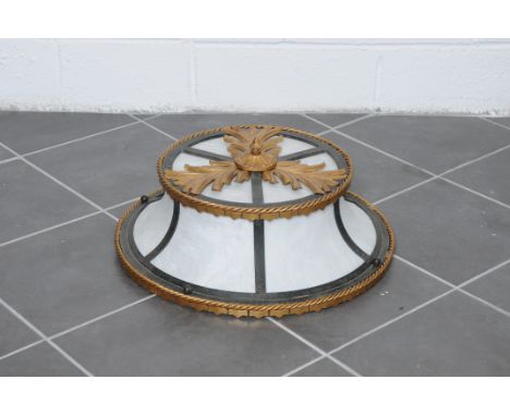 A gilt, ebonised iron and faux marble ceiling light fitting, diameter 55cm. Note: This is a 110/120 volt appliance. Condition