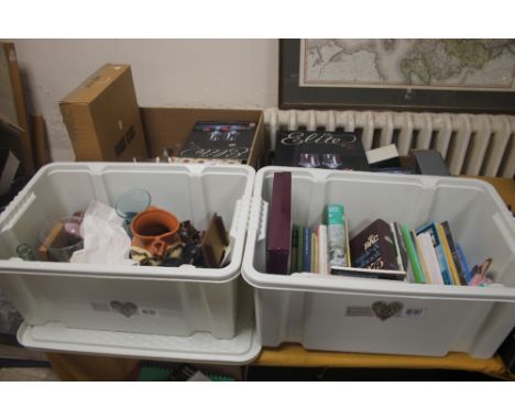 THREE TRAYS OF CERAMICS AND GLASSWARE TO INCLUDE A MASONS CLOCK TOGETHER WITH A BOX OF BOOKS MAINLY GEOGRAPHY (TRAYS NOT INCL