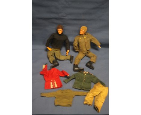 TWO VINTAGE ACTION MAN FIGURES TOGETHER WITH ACCESSORIESThe hands are intact on one figure with black jumper but fingers are 