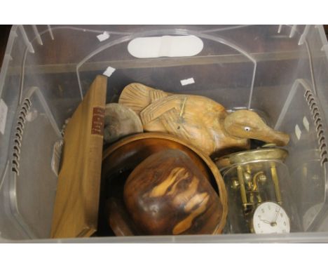 A BOX OF COLLECTABLES TO INCLUDE A DOME CLOCK AND A CARVED DUCK