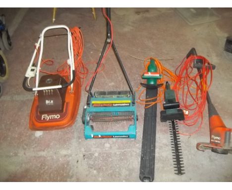 ELECTRIC POWERED GARDEN TOOLS TO INCLUDE HEDGE TRIMMERS, FLYMO LAWNMOWER AND A STRIMMER
