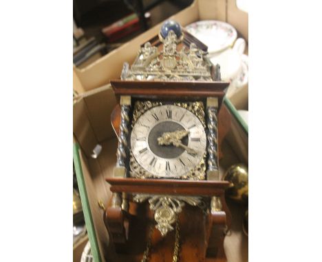 A REPRODUCTION WALL CLOCK WITH BRASS WEIGHTS