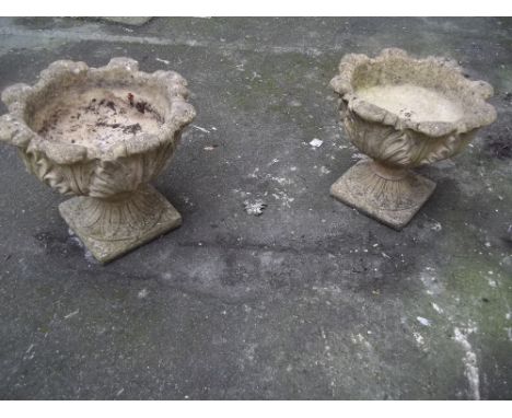 TWO CONCRETE GARDEN PLANTER URNS AND PEDESTALS 