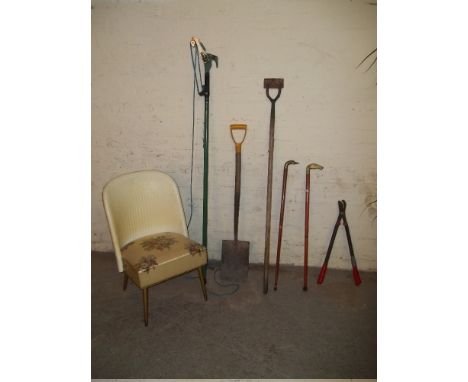 GARDEN TOOLS AND A VINTAGE LOOM BEDROOM CHAIR