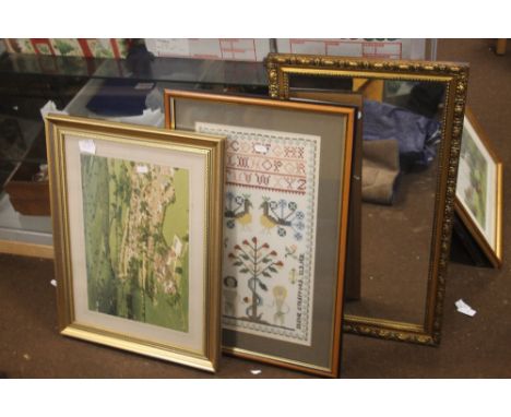TWO PRINTS TOGETHER WITH A MIRROR AND A FRAMED TAPESTRY