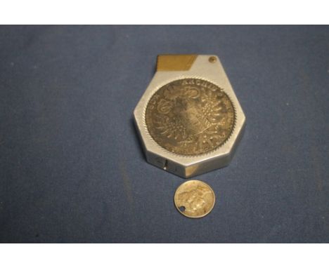 A TRENCH STYLE LIGHTER SET WITH AUSTRIAN 1780 RESTRIKE COIN TOGETHER WITH A US DIME
