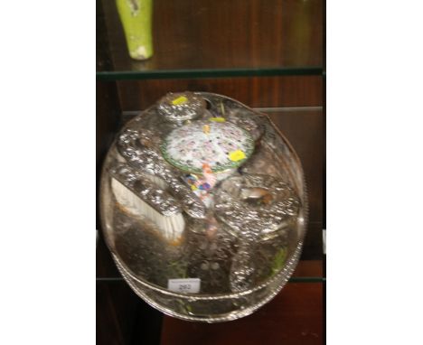 A SILVER HAIRBRUSH SET TOGETHER WITH A PLATED TRAY AND COLLECTABLES