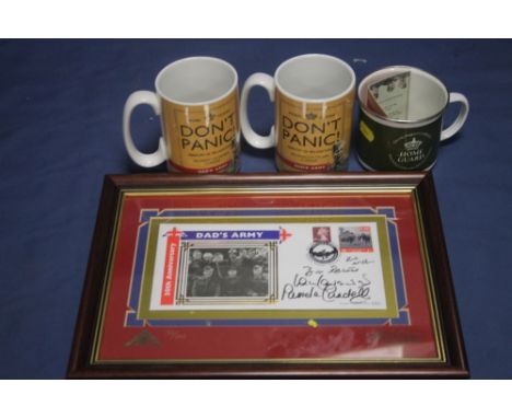 A FRAMED AND AUTOGRAPHED DADS ARMY FIRST DAY COVER LIMITED EDITION 32/100 ALONG WITH THREE DADS ARMY MUGS