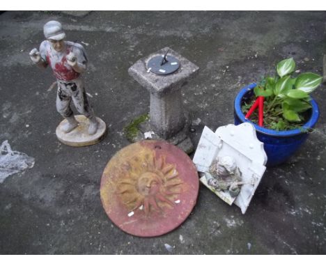 A SELECTION OF GARDEN ORNAMENTS TO INCLUDE A CONCRETE SUN DIAL A CERAMIC GARDEN PLANTER POT AND FIBREGLASS STATUE