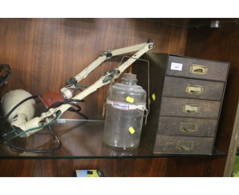 A VINTAGE MEK-ELEK MEMLITE INDUSTRIAL MOUNTED WORK BENCH LAMP, AN ESSO BLUE PARAFFIN JAR AND WORKSHOP METAL DRAWERS