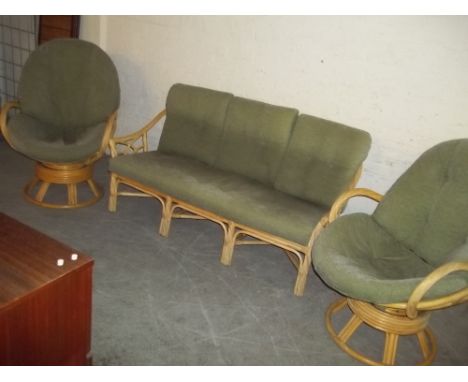 CANE 3 PIECE SUITE WITH 2 BAMBOO SWIVEL CHAIRS AND A 3 SEATER SOFA