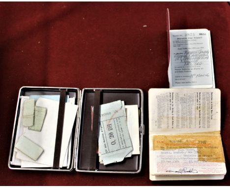 Cigarette Case-Leather case with ephemera map of Germany on case-includes wage slips, driving Licence etc good condition