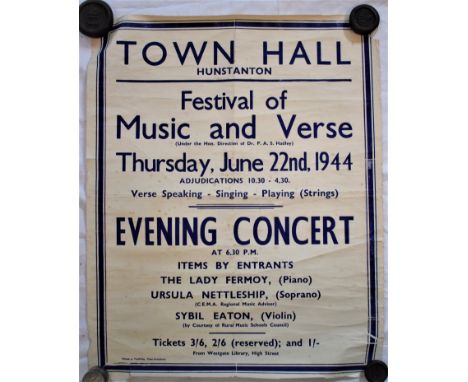 Poster-Town Hall-Hunstanton-Festival of Music + Verse 1944-Evening Concert-blue and white-measurements 64cm x 50cm-folds and 