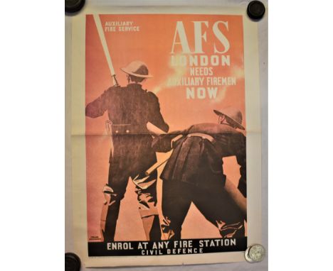 Poster-(Fire Service)-A.F.S-Auxiliary Fire Service-London Needs Auxiliary Firemen Now'-signed Frank New Bould 1960's reprint 