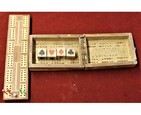 Vintage - Cribbage Boards (2) boards (1) vintage containing (4) dice (poor condition), (1) straight board. Good condition