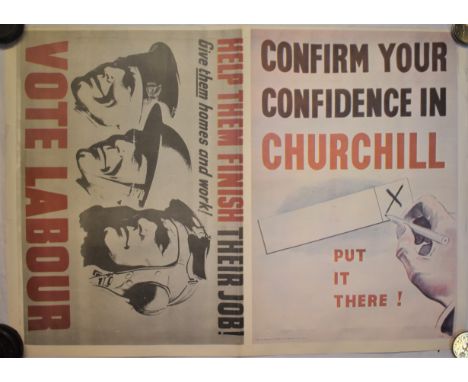Poster-(Voting Advert)-Vote Labour-Confirm Your Confidence in Churchill-measurements 57cm x 37cm-fold down centre of poster o