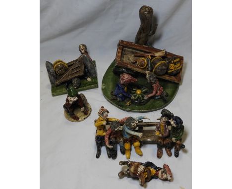 YOUNG WIDDECOMBE POTTERY FIGURES -TOM PEARSE, LARGE CART REPAIR GROUP, 6 FIGURES TO BENCH WITH PASTIES &amp; TRAPPED UNDER A 