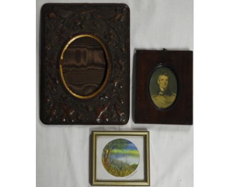 VICTORIAN OAK/ACORN CARVED FRAME, FRAMED PORTRAIT &amp; SMALL SILKWORK PICTURE  