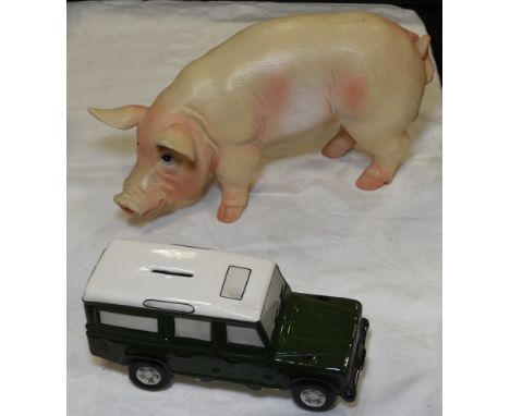 LARGE CERAMIC PIG &amp; LANDROVER MONEY BOX  