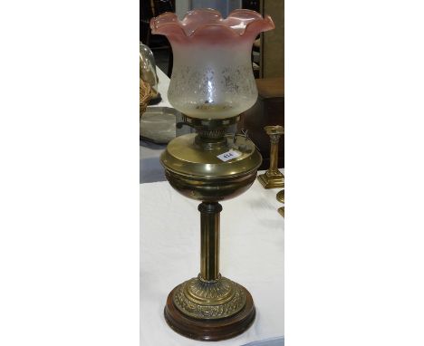 COLUMN BASE OIL LAMP WITH ETCHED GLASS SHADE  
