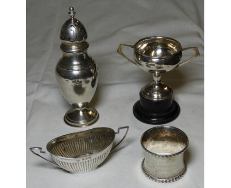 SMALL SILVER TROPHY CUP, SUGAR CASTOR &amp; SUGAR BOWL + AN ETCHED NAPKIN RING 