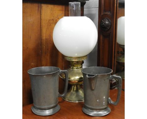 OIL LAMP &amp; 2 PEWTER JUGS  