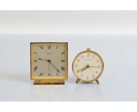 A 1960s Swiss Imhof gilt metal mantle clock, of square form with Roman numerals. 8cm high x 7cm wide x 4cm deep. Together wit