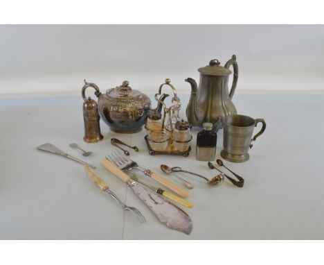 A collection of silver plate and metalware, including a miniature hipflask, Victorian EPNS teapot, F.J. Fowler example, toget